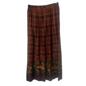 Vintage Skirt Womens 6 Brown Plaid Pleated Festive Midi A-Line Cottagecore Flowy